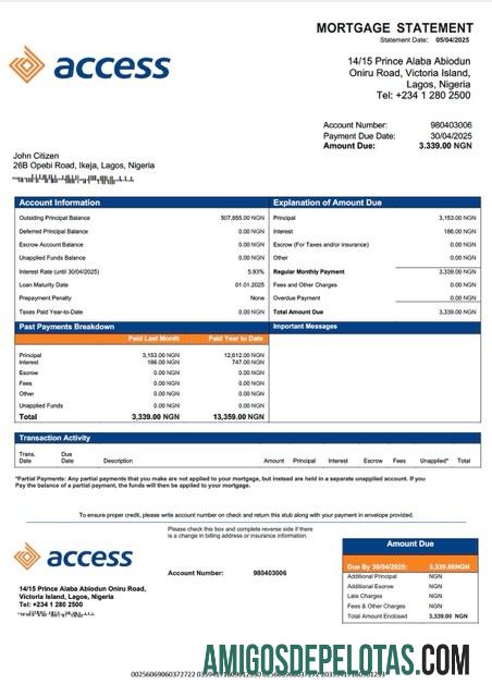 em branco Modelo Word e PDF de extrato de hipoteca do Banco de Acesso da Nigéria